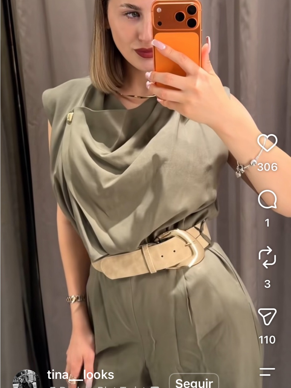 Zara Olive Green Wide-Leg Sleeveless Jumpsuit with Beige Belt - Picture 6 of 6